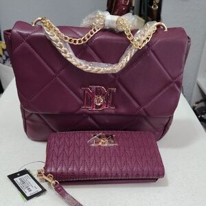 Brand New Quilted Diamond Accent Satchel/Crossbody and Wallet Set - Plum